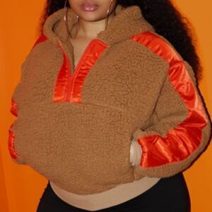 𝅺express One Eleven oversized, 1/4 zip, hooded teddy bear Sherpa pullover size S